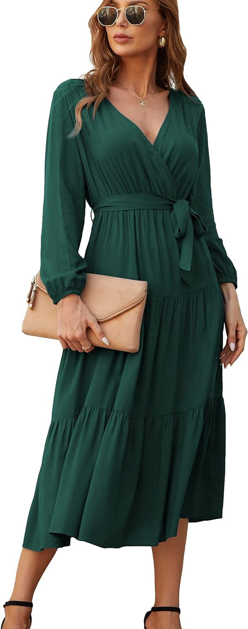 Womens Wrap V Neck Long Sleeve Casual a Line Tiered Fall Vintage Party Midi Long Maxi Dress XL Green