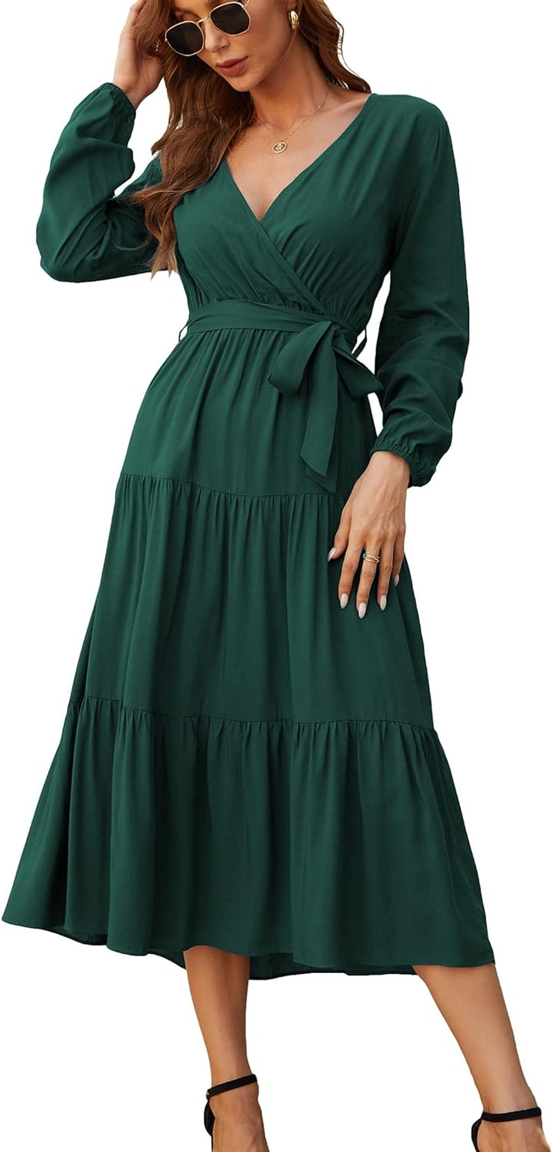 Womens Wrap V Neck Long Sleeve Casual a Line Tiered Fall Vintage Party Midi Long Maxi Dress XL Green
