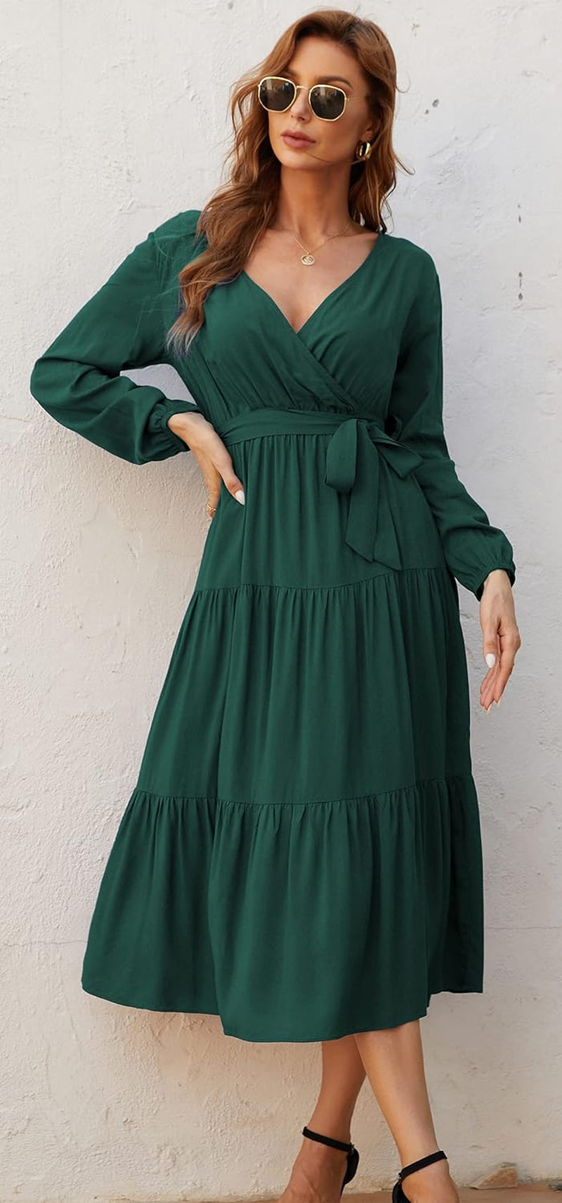 Womens Wrap V Neck Long Sleeve Casual a Line Tiered Fall Vintage Party Midi Long Maxi Dress XL Green