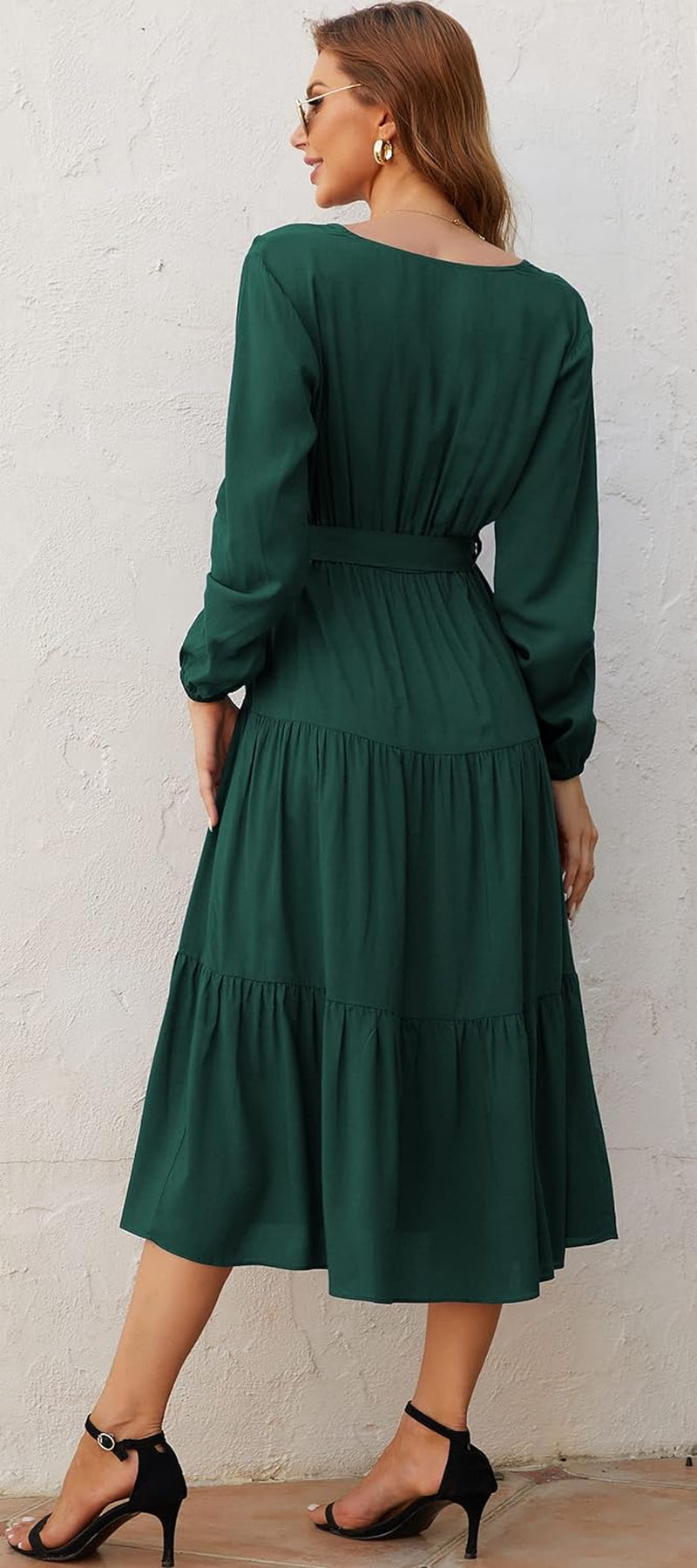 Womens Wrap V Neck Long Sleeve Casual a Line Tiered Fall Vintage Party Midi Long Maxi Dress XL Green
